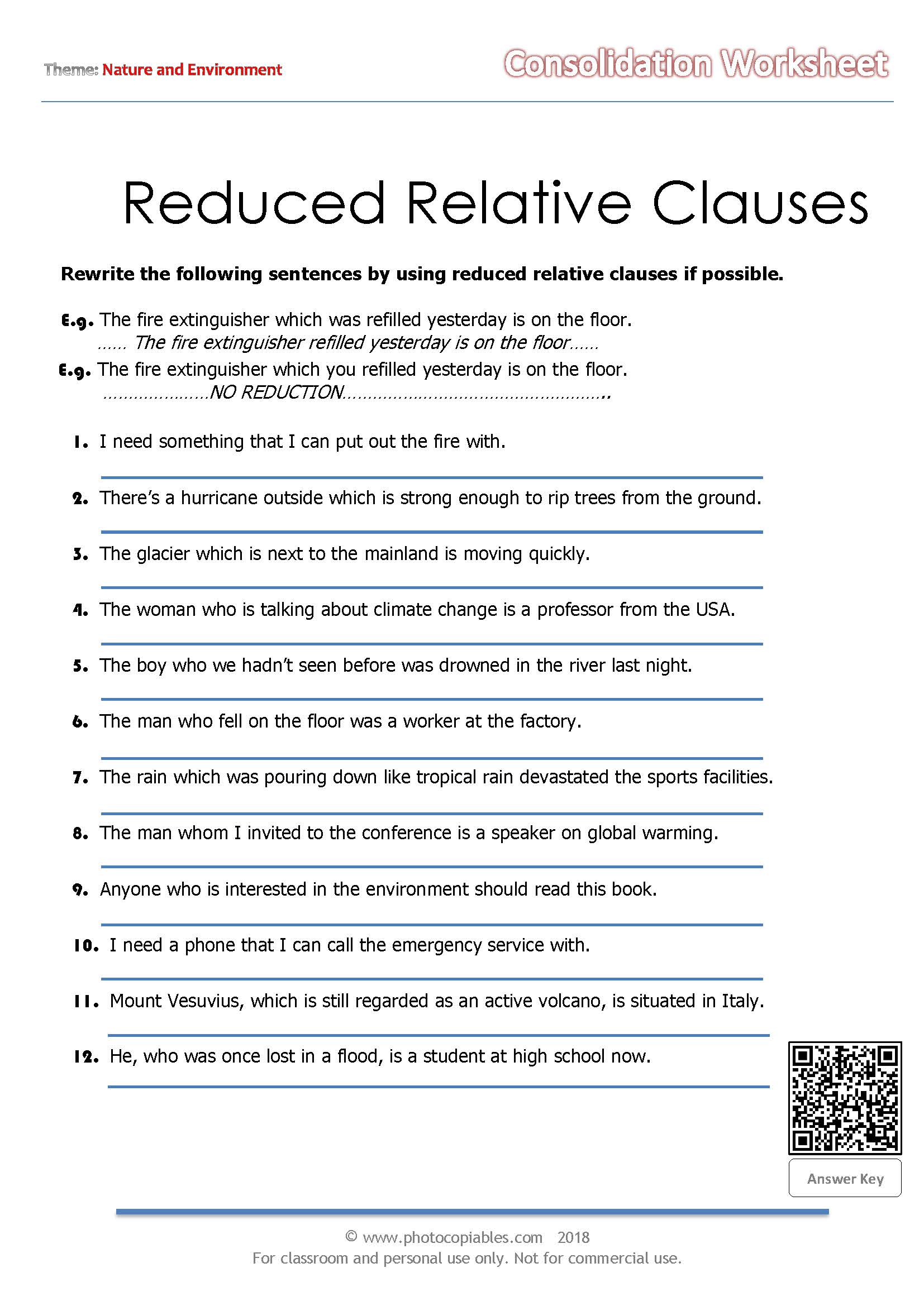 Reduced Relative Clauses Worksheet Photocopiables